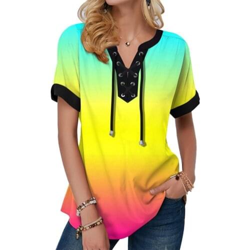 Blouse shirt Colorful Print Lacing Women Short Sleeve Loose Blouse Party colorful printing V neck blouse beautiful blouse 2021