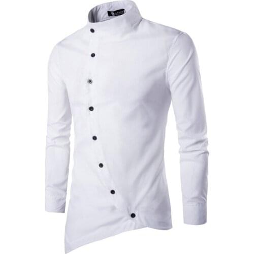 Mens Slant Placket Irregular Stand Up Collar Long-Sleeved Slim Fit Shirt Male Singe Streetwear Hip Hop Topa