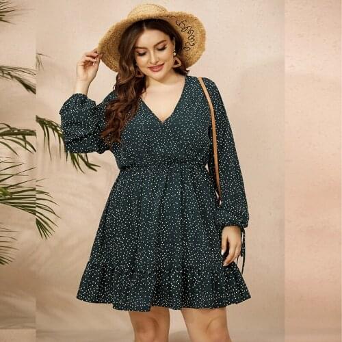 DOIB Women Dark Green Dot Dress Large Size V Neck Loose Casual Lantern Full Sleeve Plus Size Dress 2021 Fashion Female Dress