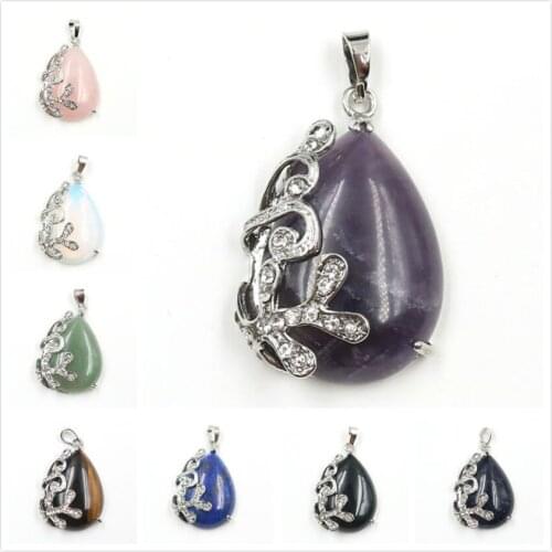 FYJS Unique Jewelry Silver Plated Rose Pink Quartz Rhinestone Flower Wrap Water Drop Opalite Opal Pendant