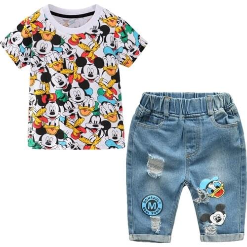 2PCS/Set Disney Kids Mickey Clothing Set Children Thin Short-sleeved Mickey T-shirt+Jeans Shorts Clothing Suit Donald Duck Tee
