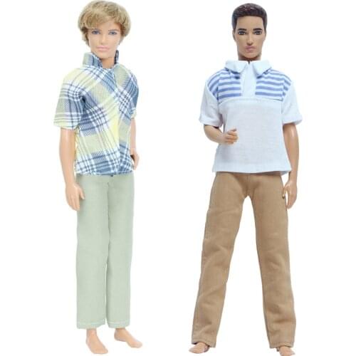 Handmade Men Doll Outfit Stripe T-Shirt Green Khaki Trousers Dollhouse Accessories Clothes for Barbie Ken Doll Baby Girl Toy