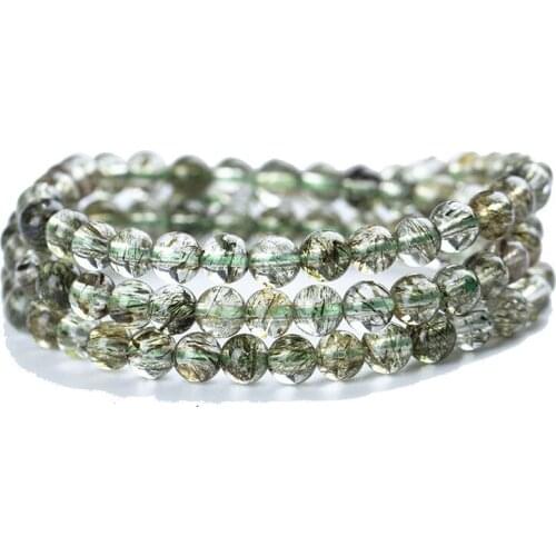 6mm Natural Green Rutilated Quartz Clear Round Beads 3 Laps Bracelet Brazil Women Men Cat Eye Wealthy Stone Genuine AAAAAA