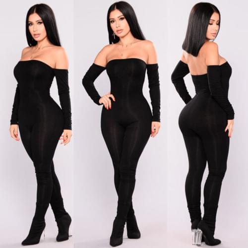 Women New Off Shoulder Bodycon Long Sleeve Jumpsuit Clubwear Playsuit Rompers Skinny Sexy Jumpsuits Female Black Trousers
