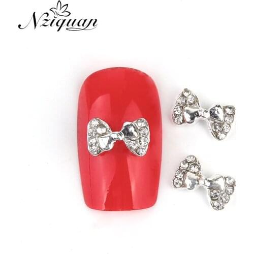 NZIQUAN 10pcs/pack Pearl Rhinestone Inlaid Decorative Charm Nail Art 3D Bow Metal Accessories Nail Art Jewelry Vintage