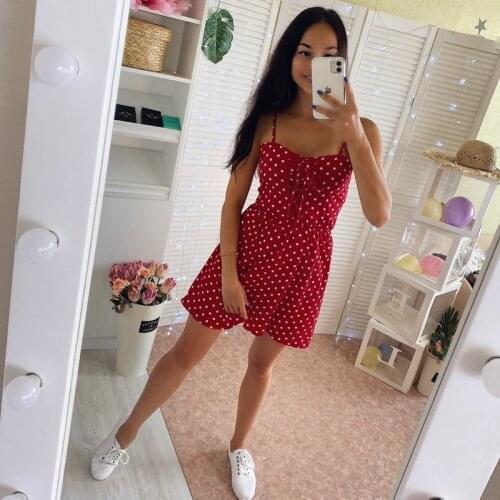 2020 Wave Dot Pattern Solid Color Neckline Strap Bow Dress