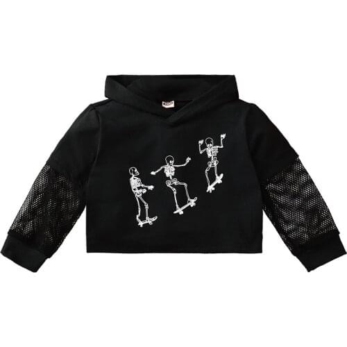 FOCUSNORM Autumn Fashion Girls Boys Hoodie Outwear Skull Man Printing Mesh Long Sleeve Hooded Pullover Tops 2-7Y