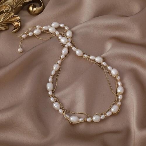 Origin Summer Baroque Natural Freshwater Pearl Pendant Necklace for Women Girls Fashion Double Layer Chain Necklace Jewelry