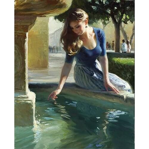 Hand painted decoration oil Painting mediterranean landscape painting a elegant lady beautiful women sitting in the pool