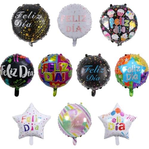 10pcs/set 18inch Spanish Happy Every Day Birthday Party Decoration Air Balls Round Star Foil Balloon Baby Shower Balloons