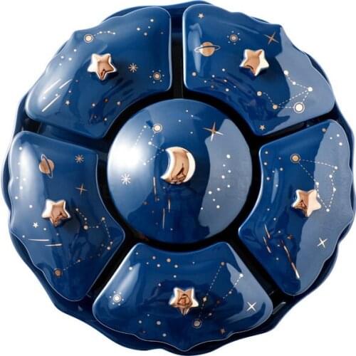 Rotatable Creative Ceramic Dried Fruit Plate Starry Sky Rotatable 6-grid Lid Snack Dessert Tray Trinket Dish Cute Ceramic Tray