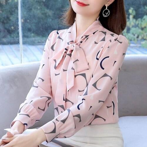 Women White Pink Scarf Collar Spring Autumn Style Blouses Shirts Loose Plus Size Long Sleeve Bow Chiffon Blusas TopsDM0071