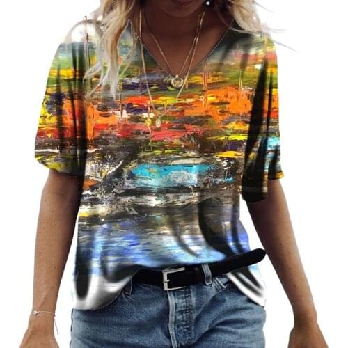 Summer Printed Short Sleeve Women T Shirt 2021 New Loose Blouses Elegant Vintage Office Ladies Streetwear V Neck Half Sleeve Tee