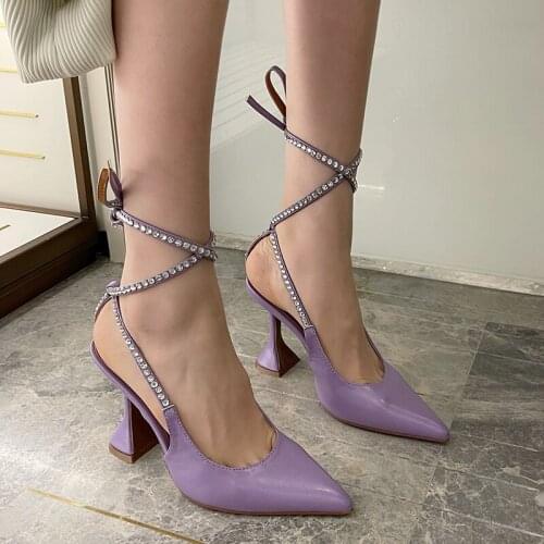 2021 Summer INS Women Bling Crystal Lace Up Sandals Designer Purple White High Heels Sandals Prom Pumps Big Size Wedding Shoes