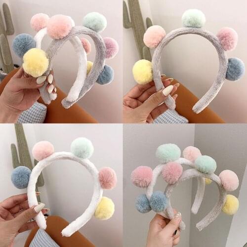 Women Cute Candy Color Winter Autumn Plush Headband Wash Face Pompom Hair Hoop Headband Photo Props Hair Accessories Headdress