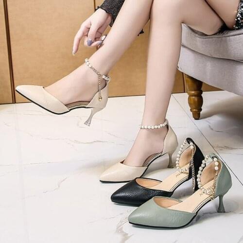 Plus Size 35-44 Women Dress Shoes String Bead Ankle Strap Sandals High Heels Pearl Woman Pumps Office Shoes Zapatos mujer