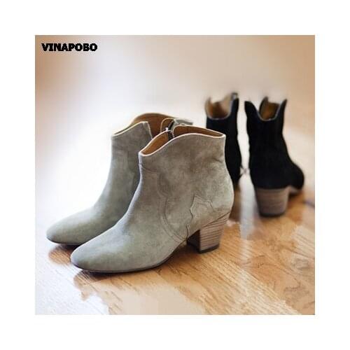 Vinapobo 2018 Hot sale Cow suede leather ankle boots thick high heels women boots spring autumn ladies motorcycle boots shoes