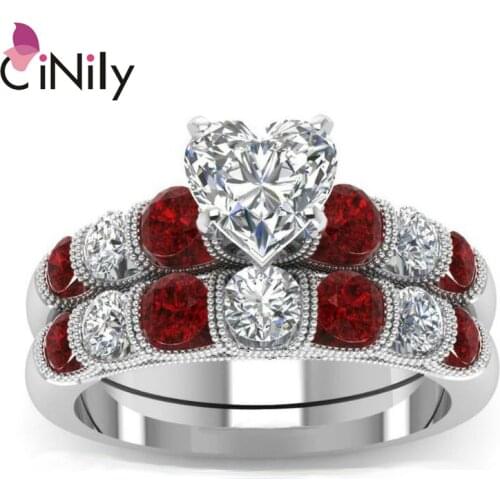 CiNily 2pcs / Set White Zirconia Garnet Silver Plated Wholesale Heart for Women Jewelry Wedding Engagement Ring Size 6-9 NJ50