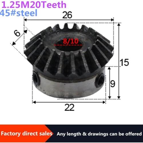 1pc Bevel Gear 1.25M 20Teeth inner hole 8/10 mm gear 90 degrees meshing angle Steel Gears Screw Hole M5