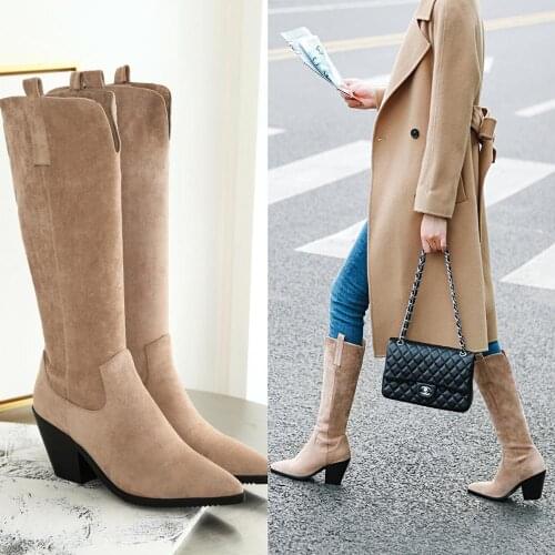 2020 Suede Women Boots Knee High Boots Wedges Western Boots Pointed Toe High Heel Long Boots Autumn Winter Cowgirl Boots 2019