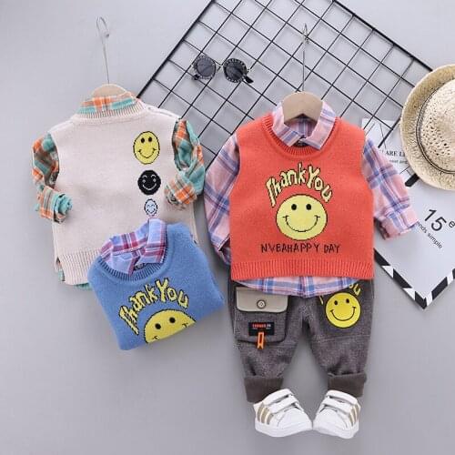 New toddler baby boys/girls clothing spring autumn suit fashion cartoon smile knitting vest+shirt+pants 3pc kid sport set Outfit
