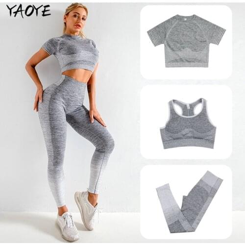 YAOYE 3Pcs Shirts+Bra+ Pants Women Seamless Elastic Yoga Sets Short Sleeve High Waist Sport Leggings Gym Fitness Top Shirt Suit