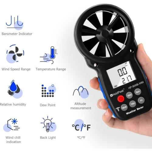 Anemometer HoldPeak HP-866B-WM Wind Speed Meter Digital Sensor Cup Anemometro 0.3~30m/s Air Humidity LCD Hand-held Measure tool