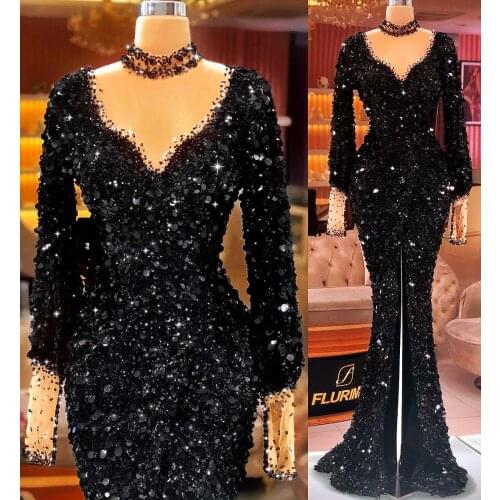 Sparkly Arabic Sexy Black Sequined Prom Dresses Front Split Long Sleeve Mermaid Evening Dress High Neck Party Gowns
