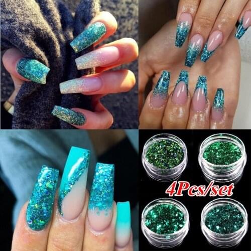 4Pcs/set Shiny Blue Glitter Sequin Green Glitter Powder Nail Art DIY Powder Dust Fairy Dust Makeup Manicure Nail Decoration