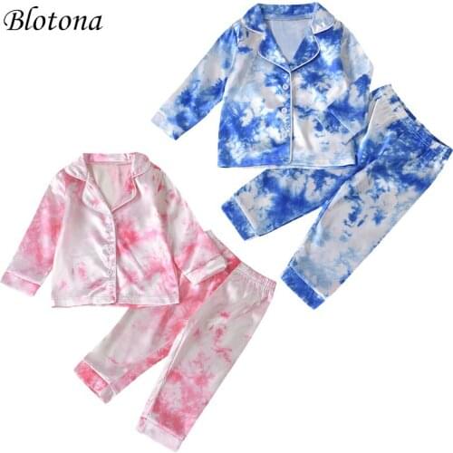 Blotona Children Kids Pyjamas Set Silk Satin Tie-dye Print Button Tops Pants Autumn Long Sleeve Sleepwear Nightwear 1-7Y