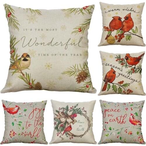 Cotton Linen Birds And Flowers Sofa Waist Cushion Cover Decor Xmas Christmas 18''45*45 cm Pillow Case Cover Home Festive Gift