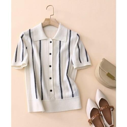 Autumn new worsted 100% cashmere polo neck short sleeve striped cardigan women trendy knitted buttons t-shirt female
