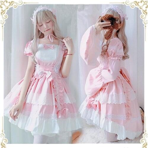 Adult Summer kawaii Lolita Dress Halloween Cosplay Costume Women Maid Sweet Lolita Pink Princess Dress Party clothes For Girls
