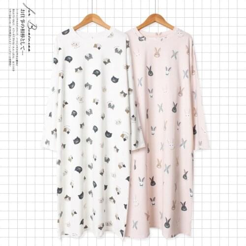 2021 Spring New Cartoon Loose Size Round Neck Nightdress Knitted Cotton Long Sleeve Long Skirt Household Clothes Can Be Worn Out