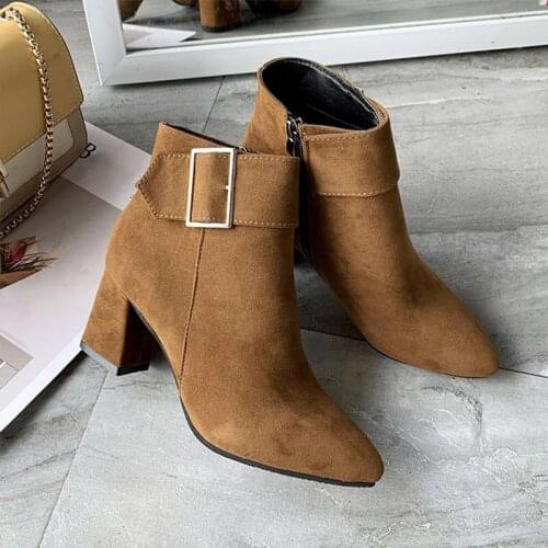 New Brand Womens Ankle Boots Zipper Mid Square Heels Platform For Ladies Buckle Footwear Womens Suede Shoes Solid Mujer