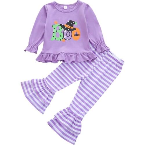 OPPERIAYA Autumn Baby Girls Halloween Cotton Clothes Casual Set Letter Print Long Sleeve O-neck T-shirt Striped Flared Trousers
