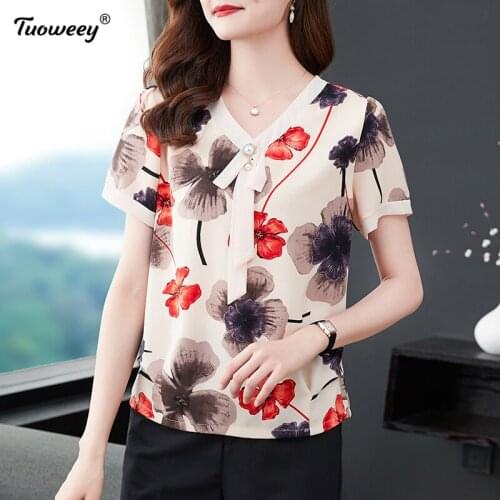Casual Summer Ladies Female Women short Sleeve Blusas Pullover Fashion Floral Print Chiffon Blouse Shirt Loose Buttons Tops Tee