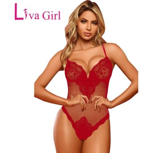 LIVA GIRL Woman Sexy Black/Red Lace Mesh Patch Teddy Bodysuit 2021 Female Bedtime Slim Hollow Body Top Solid Bodycon Jumpsuit
