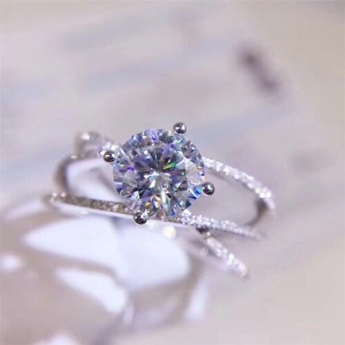 Silver 1 Carat Round Cut D Color Diamond Test Passed Excellent White Moissanite 4 Prong Engagement Ring Women Silver 925 Jewelry