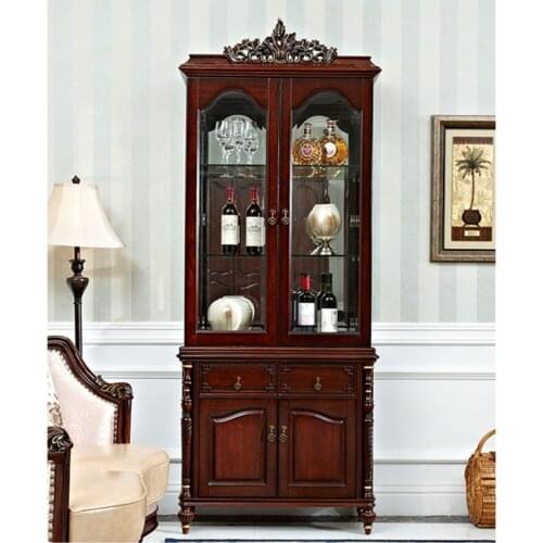 American country living room solid wood double door side cabinet closet European retro glass door display wine cabinet