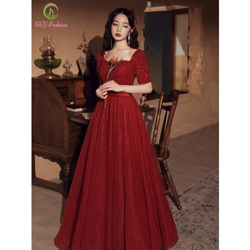 SSYFashion New Luxury Wine Red Evening Dress Banquet Elegant Square Collar Pearls Beading Long Formal Gowns Vestidos De Noche
