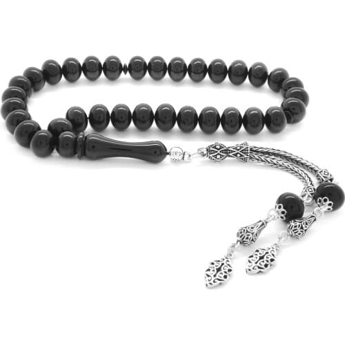 Tesbihane 925 Sterling Silver Tassels Wheel Cut Black Shrink Amber Prayer Beads