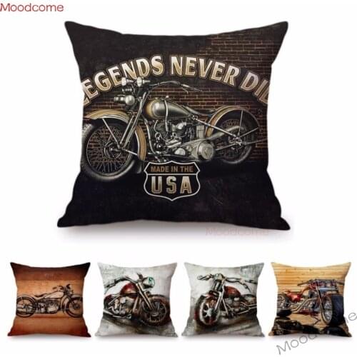 Vintage Old School Motorcycle Art Decoration Throw Pillow Case Legends Never Die Cool Retro Cotton Linen Sofa Cushion Cover Case