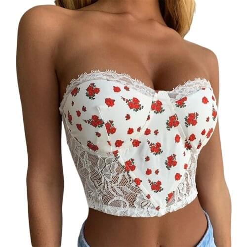 Women Off Shoulder Tube Tops Strapless Floral Printed Lace Hem See Through Vest Hot Summer Corset Jumper Shirt Female Crop Tops