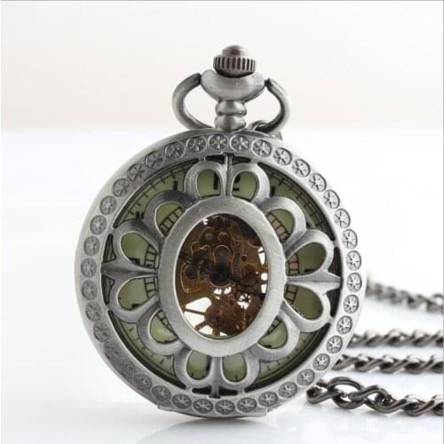 10pcs/lot Vintage White Bronze Hollowed Skeleton Mechanical Pocket Watch Men Gift Pocket Watches