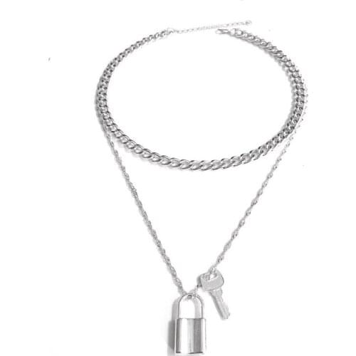2021 Goth Padlock Lock Double Chain Key Necklace Silver Color Women Men Punk Brand New Lover Friendship Choker Circle Jewelry