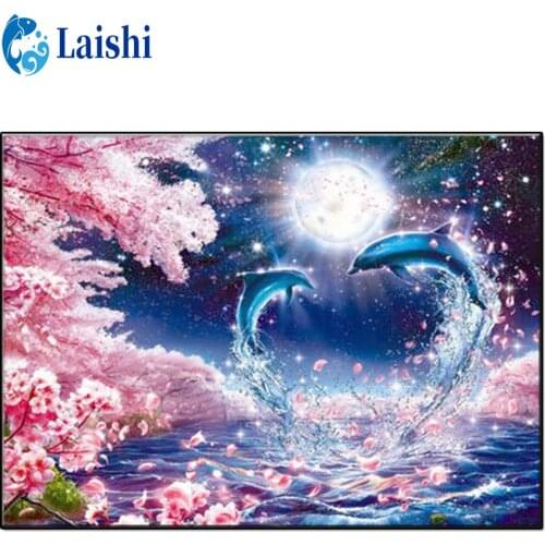 DIY Diamond Painting Moon, romantic scenery, dolphins playing in the water Cross Stitch Kit Mosaic Diamond Art Home Decoration