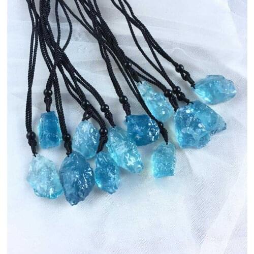 CSJ High quality Natural Aquamarine Raw Gemstone Pendant irregular Rough Aquamarine Gemstone Pendant hide rope + 1 pcs