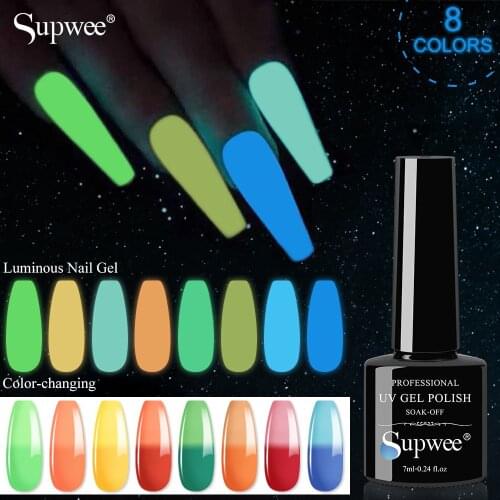 Supwee 7ml Glow In The Dark Gel Nail Polish Luminous Temperature Color-changing Gel Semi Permanent Soak Off UV /LED Gel Varnish