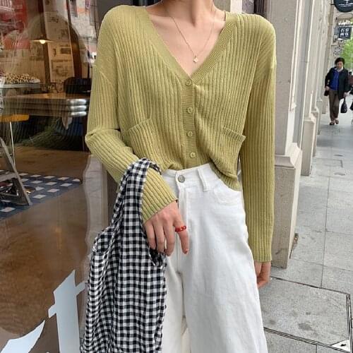 Basic Solid Color Ice Silk Linen Long Sleeve Knitted Cardigan Womens Summer Pocket Sunscreen Thin Crop Tops Loose Streetwear